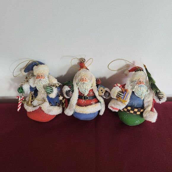 Vintage Fabric Mache Holiday Winter Christmas Ornaments Three Old World Santas - Picture 3 of 15